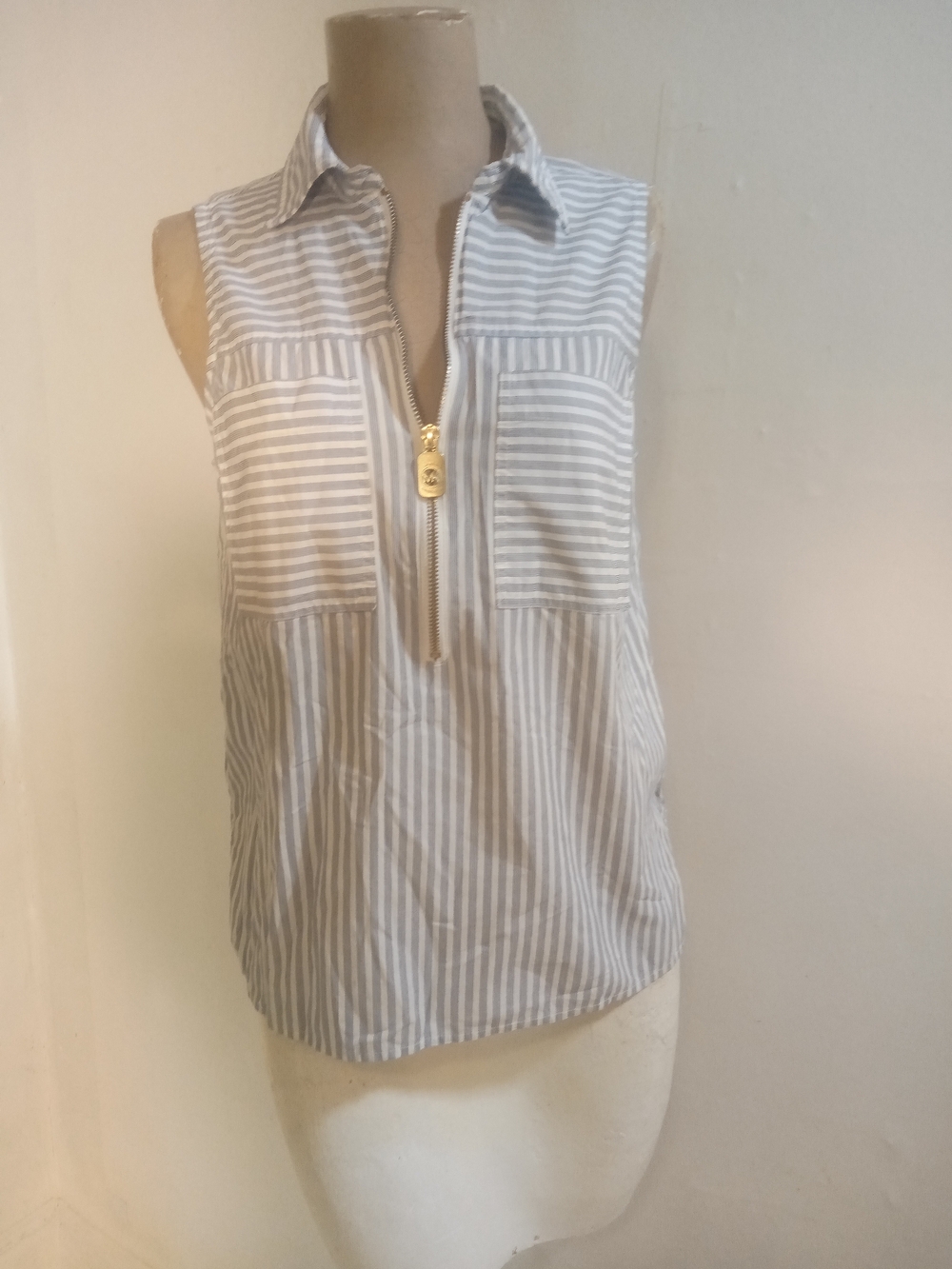 MICHAEL Michael Kors Gray and White Striped Sleeveless Zip Top